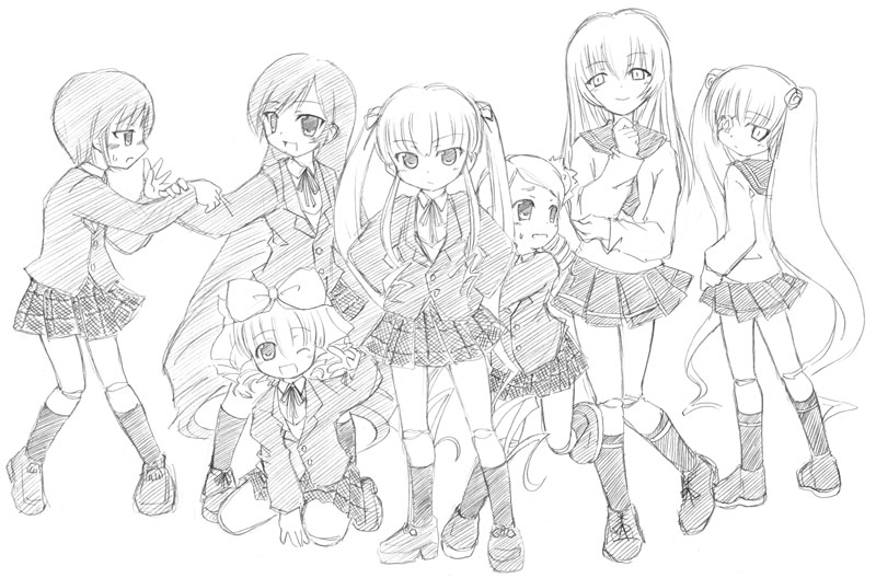 naruse mamoru, hinaichigo, kanaria, kirakishou, shinku, souseiseki, suigintou, suiseiseki, rozen maiden, 00s, 6+girls, alternate costume, everyone, full body, greyscale, monochrome, multiple girls, pleated skirt, school uniform, serafuku, simple background, skirt