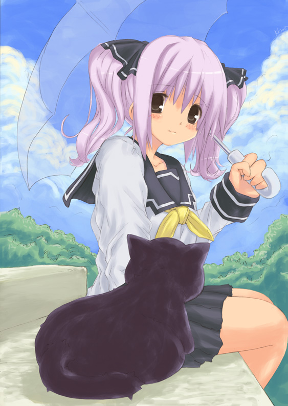 kanna ryouto, original, 1girl, animal, blush, brown eyes, cat, cloud, day, female focus, pleated skirt, purple hair, school uniform, serafuku, sitting, skirt, sky, solo, transparent, transparent umbrella, twintails, umbrella