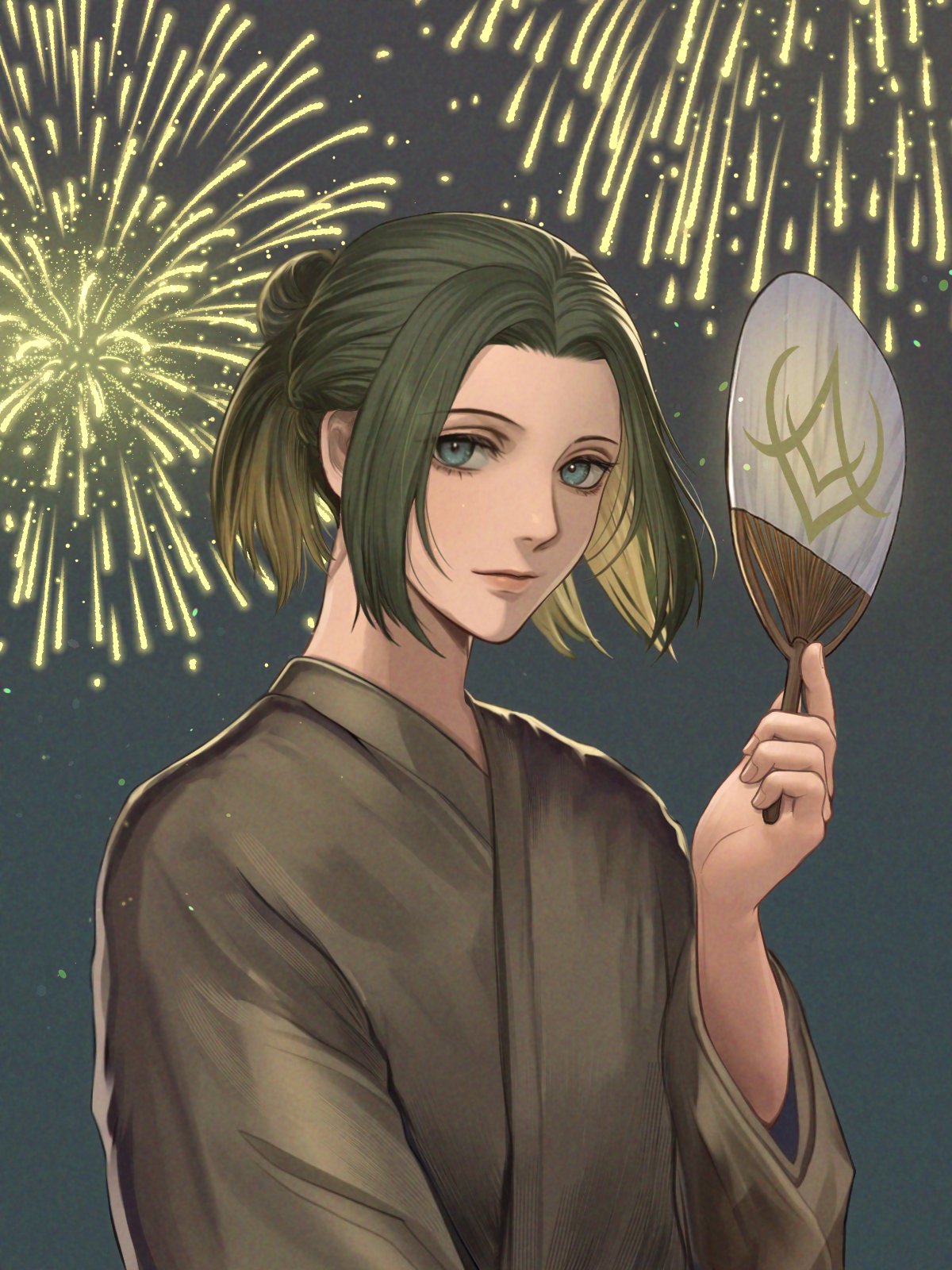 wrainbow13, linhardt von hevring, fire emblem, fire emblem: three houses, nintendo, highres, 1boy, aerial fireworks, blue eyes, closed mouth, fireworks, green hair, green kimono, hand fan, holding, holding fan, japanese clothes, kimono, long hair, long sleeves, looking at viewer, male focus, night, night sky, outdoors, ponytail, short hair, sky, smile, solo, upper body