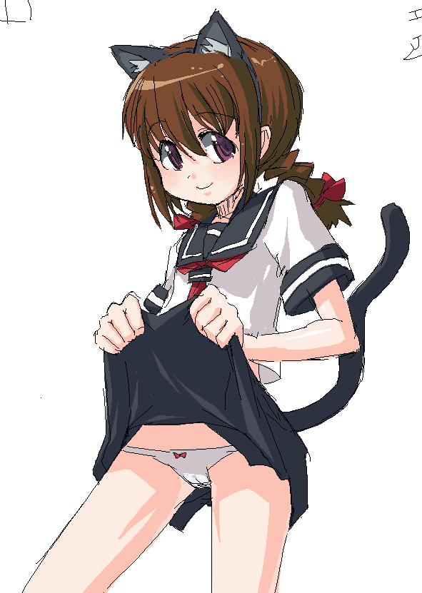 onija tarou, animal ears, bow, bow panties, braid, brown hair, cat ears, cat tail, clothes lift, lifting own clothes, lowleg, lowleg panties, oekaki, panties, purple eyes, school uniform, serafuku, skirt, skirt lift, solo, tail, twin braids, underwear, white panties