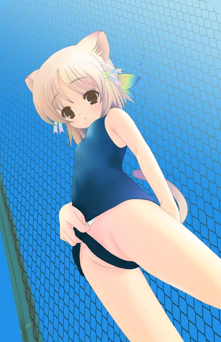 houmitsu, original, jpeg artifacts, 1girl, animal ears, blonde hair, breasts, cat ears, female focus, female pubic hair, frontal wedgie, loli, one-piece swimsuit, pubic hair, pussy, school swimsuit, small breasts, solo, swimsuit, wedgie