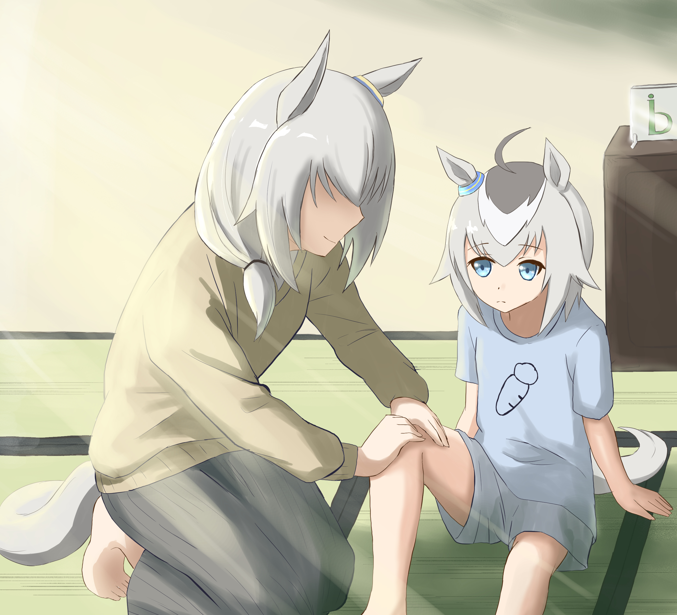 oguri cap's mother (umamusume), oguri cap (umamusume), umamusume, 2girls, bandaid, carrot print, food print, mother and daughter, multiple girls, washitsu