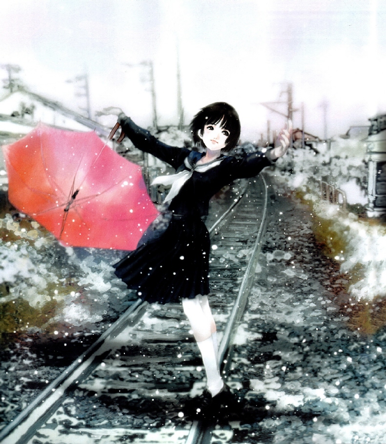 mikimoto haruhiko, original, 1girl, balancing, black shoes, female focus, orange umbrella, pleated skirt, railroad tracks, school uniform, serafuku, shoes, skirt, snow, snowing, solo, umbrella