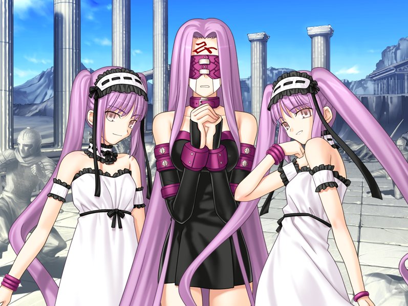 takeuchi takashi, euryale (fate), medusa (fate), medusa (rider) (fate), stheno (fate), fate/hollow ataraxia, fate/stay night, fate (series), game cg, 00s, 3girls, black dress, blindfold, breaker gorgon, breasts, cloud, collarbone, column, day, dress, facial mark, fingernails, forehead mark, long hair, multiple girls, outdoors, own hands together, pillar, purple hair, ruins, siblings, sisters, sky, smile, square pupils, statue, twins, twintails, very long hair, white dress