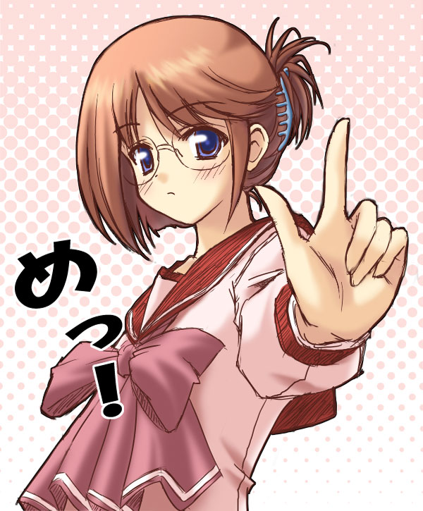 komaki manaka, to heart (series), to heart 2, 00s, 1girl, blue eyes, blush, bow, brown eyes, claw hair clip, female focus, folded ponytail, glasses, gradient background, hairclip, long sleeves, looking at viewer, outstretched arms, pink background, pink bow, rimless eyewear, sailor collar, school uniform, short hair, sidelocks, simple background, solo, upper body, white background