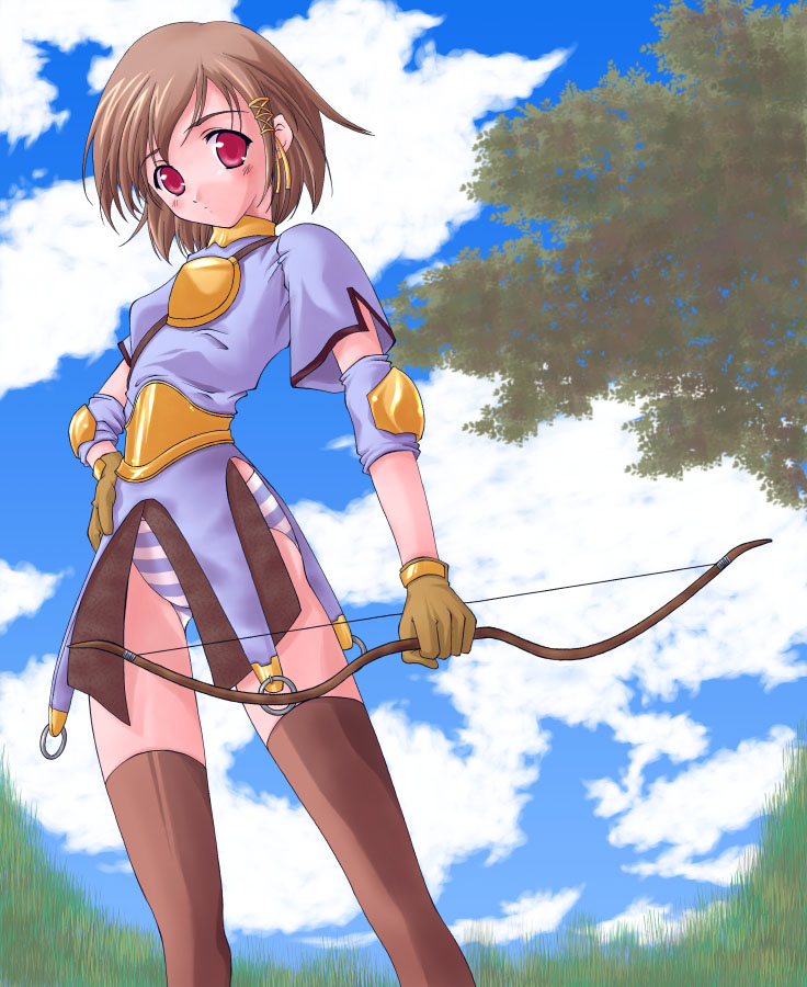 archer (ragnarok online), ragnarok online, 1girl, armor, black thighhighs, blue panties, blush, bow (weapon), breastplate, brown hair, dress, elbow pads, female focus, gloves, hair ribbon, panties, red eyes, ribbon, short hair, solo, standing, striped clothes, striped panties, thighhighs, tress ribbon, underwear, weapon