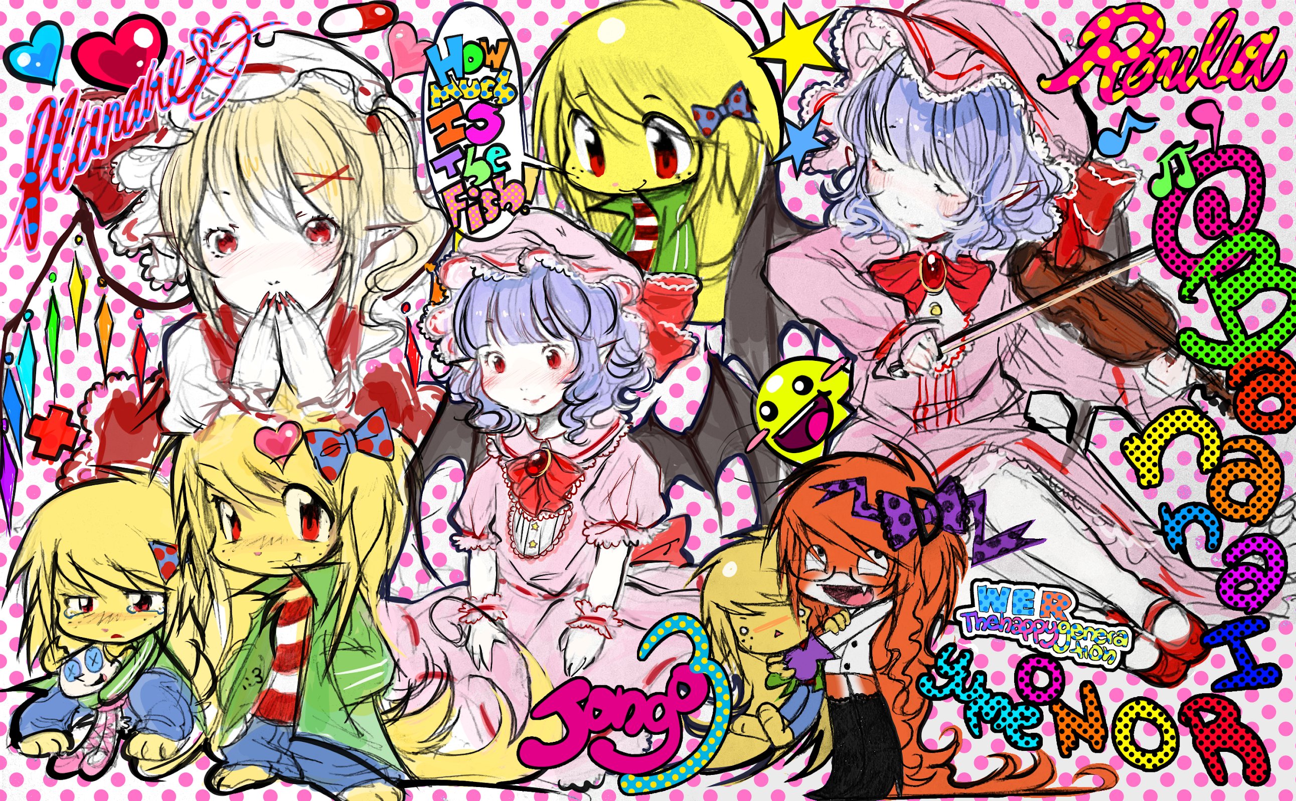 lottie (gravyalloverhim), flandre scarlet, remilia scarlet, original, touhou, highres, blonde hair, blush, bow, dress, glasses, hair bow, heisei retro, instrument, long hair, long sleeves, looking at viewer, multiple girls, open mouth, ribbon, short hair, smile, violin