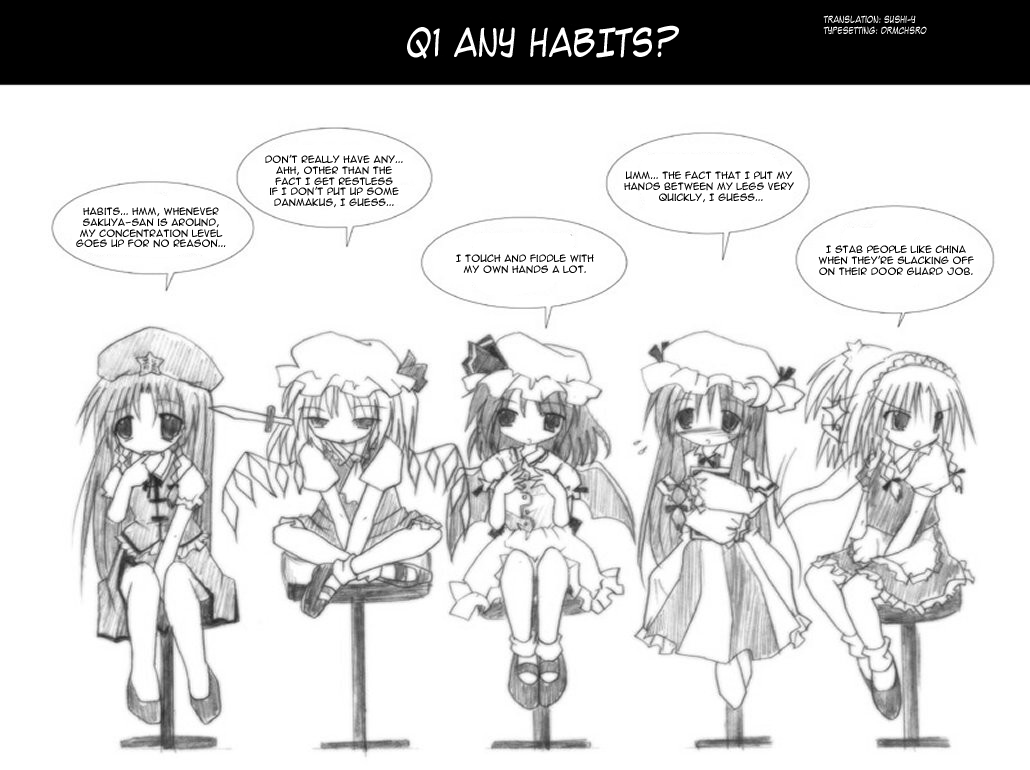 flandre scarlet, hong meiling, izayoi sakuya, patchouli knowledge, remilia scarlet, ichigo mashimaro, touhou, hard-translated, third-party edit, translated, 5girls, angry, annoyed, apron, ascot, bat wings, blush, bonnet, bow, braid, chibi, china dress, chinese clothes, comic, crescent, crossed legs, crossover, dress, english text, greyscale, hair bow, hand on lap, hat, hat bow, hugging object, knife, long hair, maid, maid apron, maid headdress, mary janes, monochrome, multiple girls, night clothes, parody, ponytail, shoes, short hair, siblings, side ponytail, sidelocks, sisters, sitting, socks, star (symbol), sweatdrop, throwing knife, twin braids, v arms, very long hair, weapon, wings