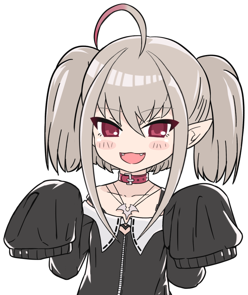 kenshin (kenshin3), makaino ririmu, makaino ririmu (2nd costume), nijisanji, 1girl, ahoge, bare shoulders, belt collar, black jacket, blush stickers, choker, collar, cropped torso, dyed ahoge, flat chest, grey hair, hair between eyes, hands up, jacket, jewelry, looking at viewer, medium hair, multicolored hair, necklace, off-shoulder jacket, off shoulder, open mouth, pointy ears, red collar, red eyes, red hair, sidelocks, simple background, sleeves past fingers, sleeves past wrists, smile, solo, strap slip, streaked hair, twintails, virtual youtuber, w arms, white background, zipper