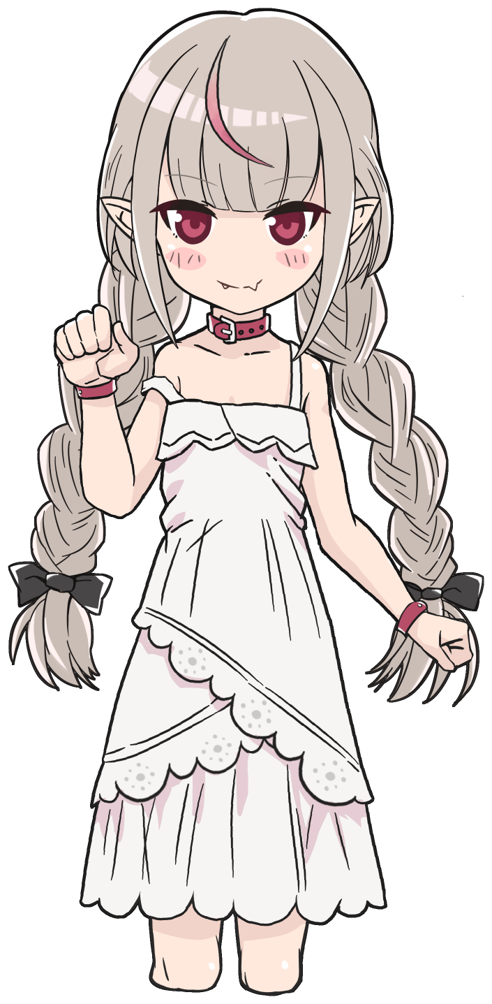 kenshin (kenshin3), makaino ririmu, makaino ririmu (3rd costume), nijisanji, highres, 1girl, bare shoulders, belt collar, black ribbon, blunt bangs, blush stickers, bracelet, braid, choker, closed mouth, collar, collarbone, cropped legs, dress, fang, flat chest, grey hair, hair ribbon, hand up, jewelry, lace trim, long hair, looking at viewer, low twin braids, multicolored hair, pointy ears, red collar, red eyes, red hair, ribbon, sidelocks, simple background, skin fang, sleeveless, sleeveless dress, smile, solo, streaked hair, sundress, twin braids, virtual youtuber, white background, white dress