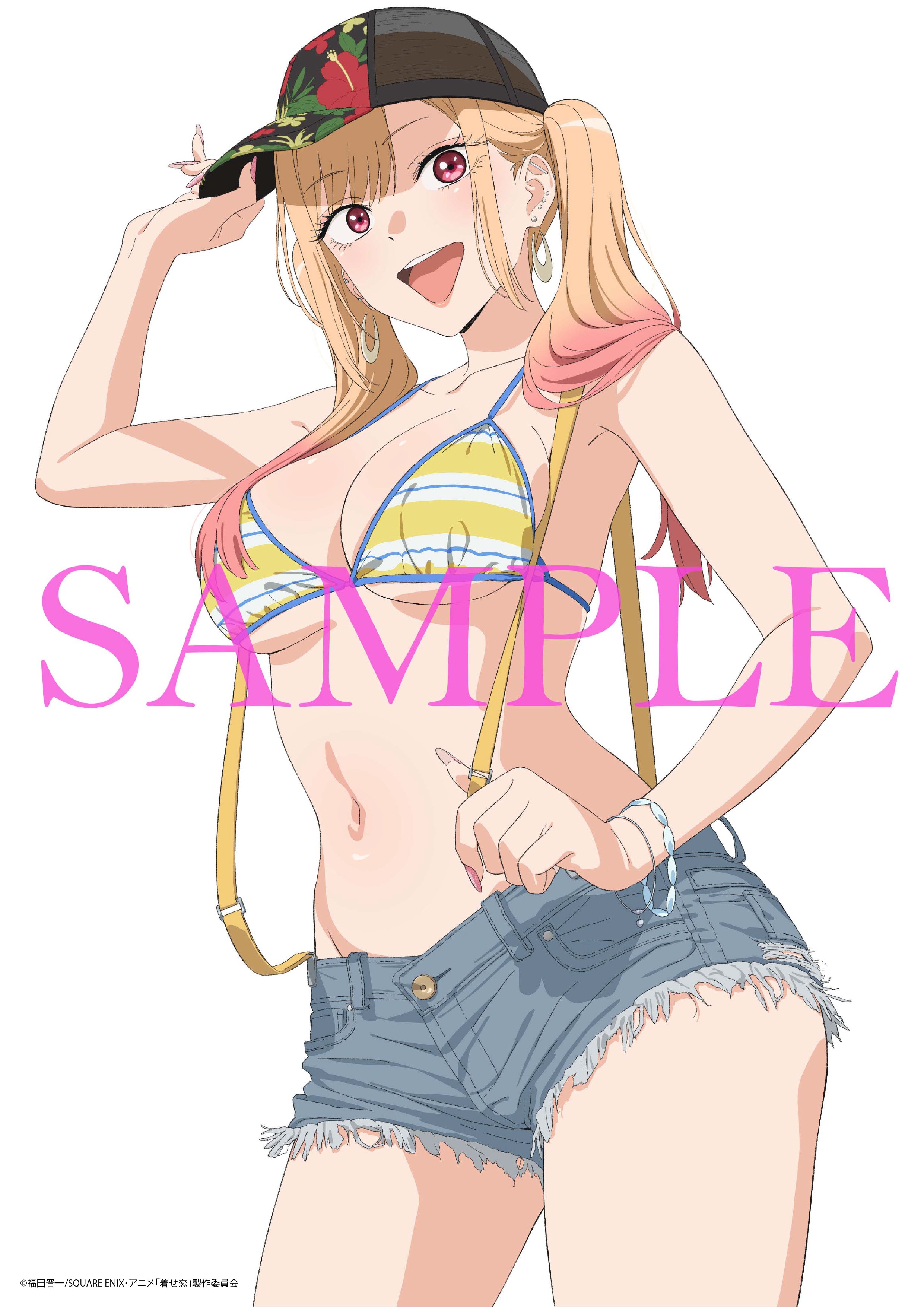 kitagawa marin, sono bisque doll wa koi wo suru, absurdres, highres, official art, 1girl, adjusting clothes, adjusting headwear, arm up, barbell piercing, baseball cap, bikini, blonde hair, bracelet, breasts, cleavage, collarbone, colored tips, cowboy shot, crescent, crescent earrings, denim, denim shorts, ear piercing, earrings, fingernails, gyaru, hat, jewelry, long fingernails, long hair, looking at viewer, medium breasts, midriff, multicolored hair, nail polish, navel, open mouth, piercing, pink hair, pink nails, red eyes, sample watermark, short shorts, shorts, smile, solo, stomach, stud earrings, suspenders, swimsuit, twintails, two-tone hair, underboob, upper body, watermark, white background, yellow bikini