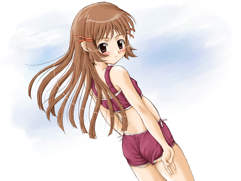yuki tomoshi, re mii, zoids, zoids genesis, 00s, 1girl, bad anatomy, bikini, blush, brown hair, dutch angle, expressionless, female focus, floating hair, hair ribbon, loli, long hair, looking back, ribbon, sidelocks, solo, standing, swimsuit, tankini, tress ribbon, very long hair