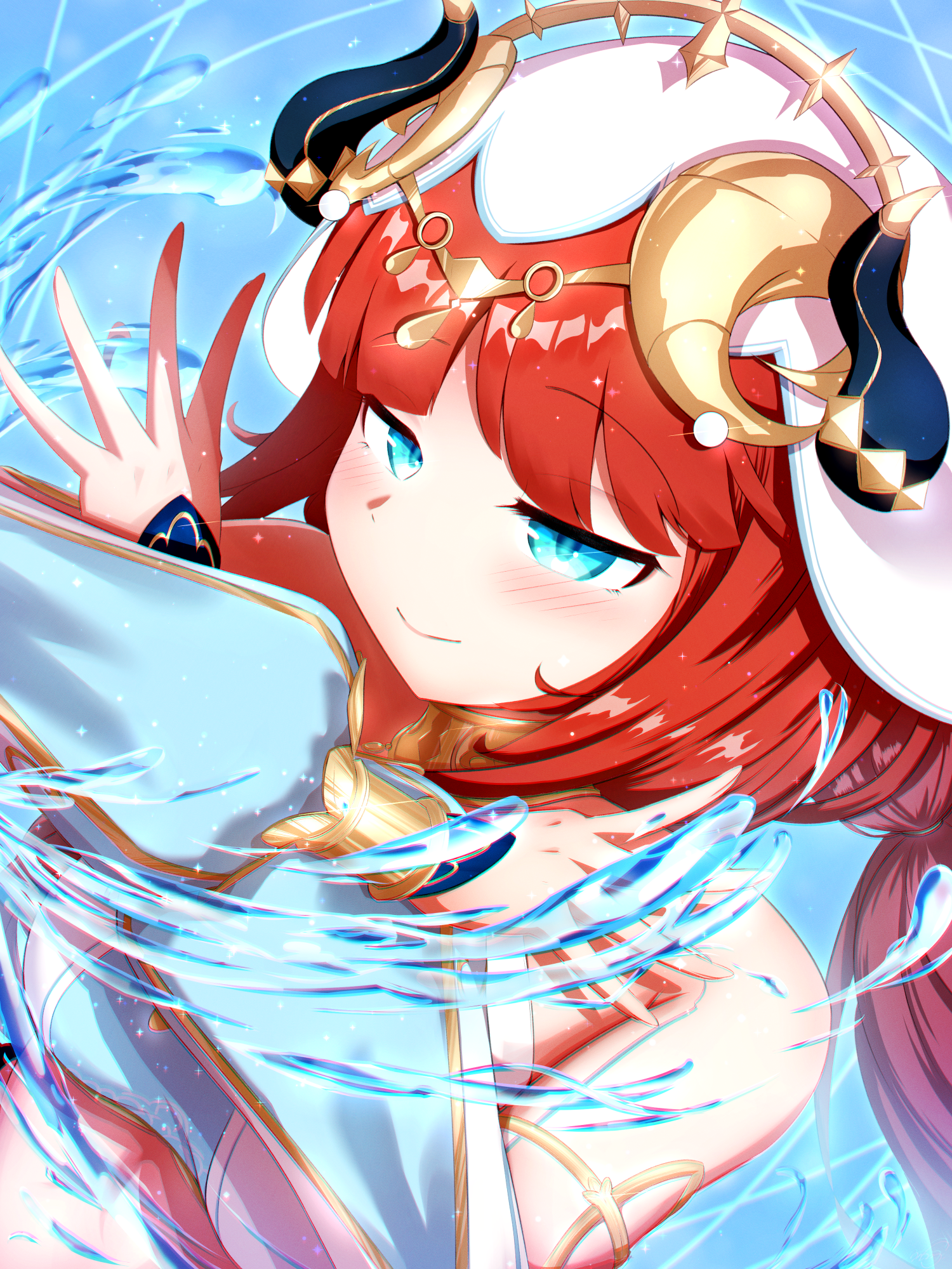 white muffler, nilou (genshin impact), genshin impact, commentary request, highres, paid reward available, partial commentary, 1girl, bare shoulders, black horns, blue background, blue eyes, blush, closed mouth, crop top, detached sleeves, fake horns, gold trim, harem outfit, horns, hydrokinesis, long hair, looking at viewer, low twintails, puffy detached sleeves, puffy sleeves, red hair, smile, solo, twintails, upper body, veil, water, white veil