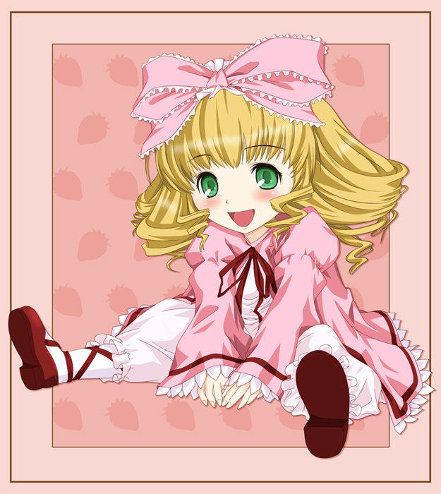 mishima toshihiro, hinaichigo, rozen maiden, 00s, 1girl, blonde hair, bow, dress, drill hair, female focus, green eyes, hair bow, open mouth, pink bow, sidelocks, sitting, solo