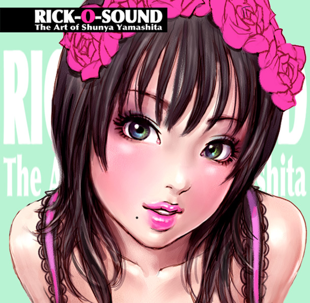 rick-o-sound, yamashita shun'ya, original, 1girl, artist name, bare shoulders, black hair, blue eyes, close-up, collarbone, english text, eyelashes, female focus, flower, green background, green eyes, hair flower, hair ornament, head tilt, lace, leaning forward, lips, lipstick, long hair, looking at viewer, makeup, mole, mole under mouth, multicolored eyes, pink flower, pink lips, pink rose, portrait, rose, smile, solo