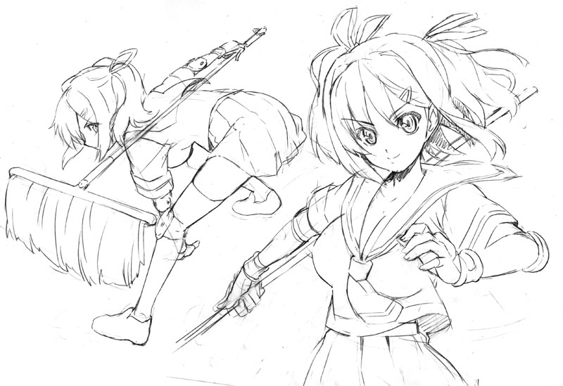 takeda hiromitsu, original, 2girls, broom, greyscale, monochrome, mop, multiple girls, pleated skirt, school uniform, serafuku, skirt
