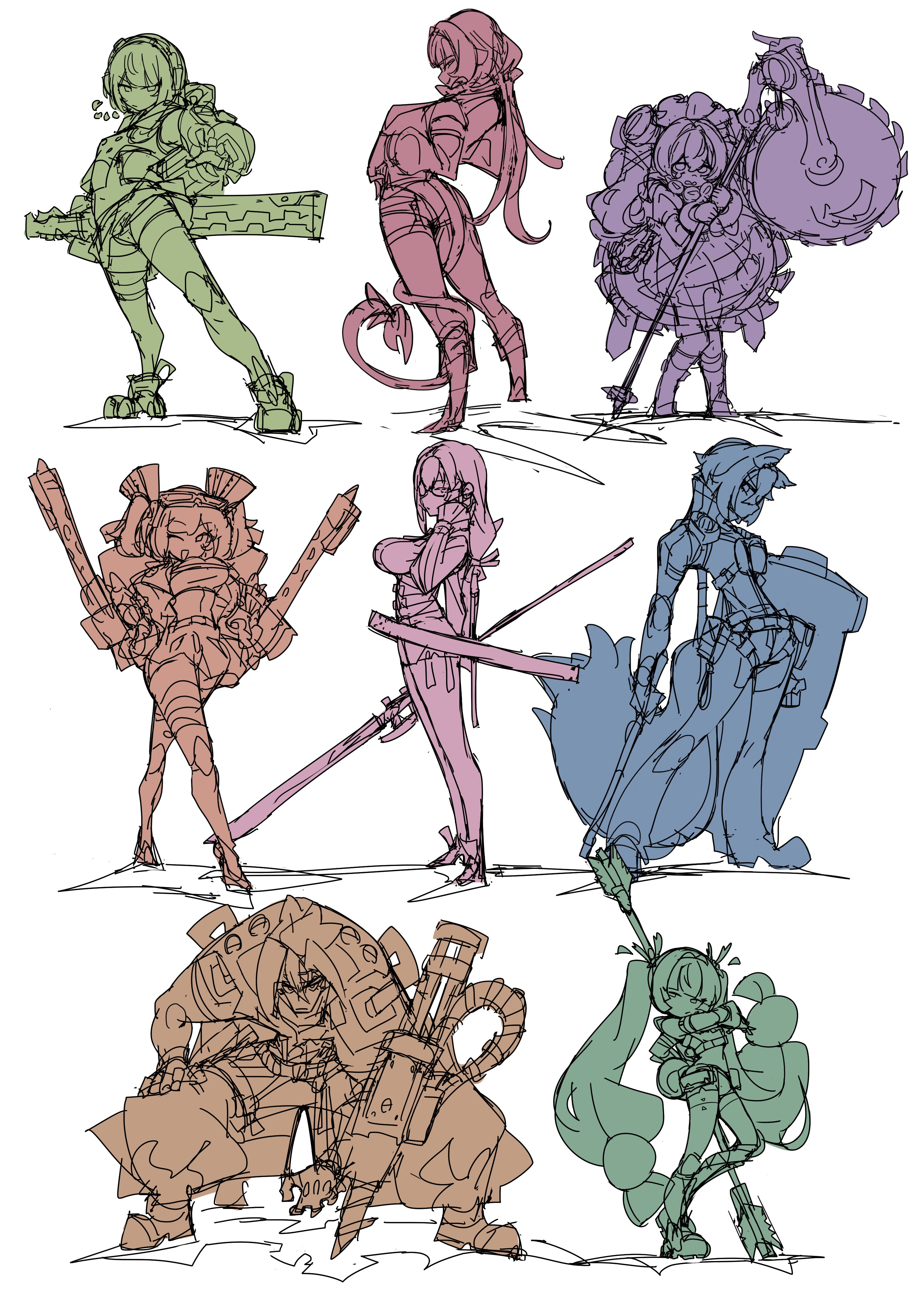 syoya, anby demara, anton ivanov, burnice white, corin wickes, jane doe (zenless zone zero), qingyi (zenless zone zero), seth lowell, tsukishiro yanagi, zenless zone zero, absurdres, highres, 2boys, 6+girls, animal ears, baton (weapon), black hair, braid, cat boy, circular saw, clothes lift, crop top, dress, drill, flamethrower, gloves, hair between eyes, hair ornament, headphones, holding, holding flamethrower, holding weapon, jacket, knife, limited palette, long hair, maid headdress, mouse ears, mouse girl, mouse tail, multiple boys, multiple girls, naginata, panties, pantyshot, pencil skirt, polearm, saw, scared, sharp tail, shield, short hair, short sleeves, side braids, sketch, skirt, skirt lift, spear, sword, tail, thighhighs, three section staff, twintails, underwear, weapon