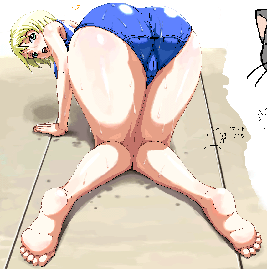 nigou, erstin ho, my-otome, 00s, 1girl, arrow (symbol), ass, barefoot, bent over, blonde hair, blue one-piece swimsuit, feet, female focus, garderobe swimsuit, huge ass, legs, looking at viewer, looking back, oekaki, one-piece swimsuit, open mouth, school swimsuit, soles, solo, swimsuit, thighs, toes, top-down bottom-up, trefoil, wet