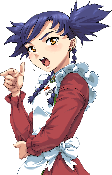 nigou, nina wang, my-otome, 00s, 1girl, blue hair, female focus, garderobe uniform, looking at viewer, open mouth, orange eyes, simple background, solo, white background
