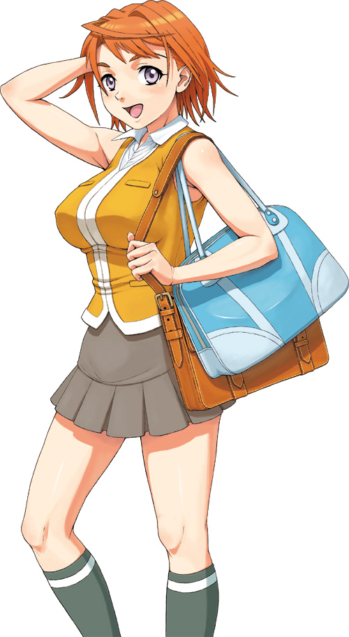 nigou, tokiha mai, my-hime, 00s, 1girl, adjusting hair, bag, female focus, kneehighs, legs, looking at viewer, miniskirt, open mouth, orange hair, orange shirt, pleated skirt, purple eyes, school uniform, serafuku, shirt, short hair, simple background, skirt, socks, solo
