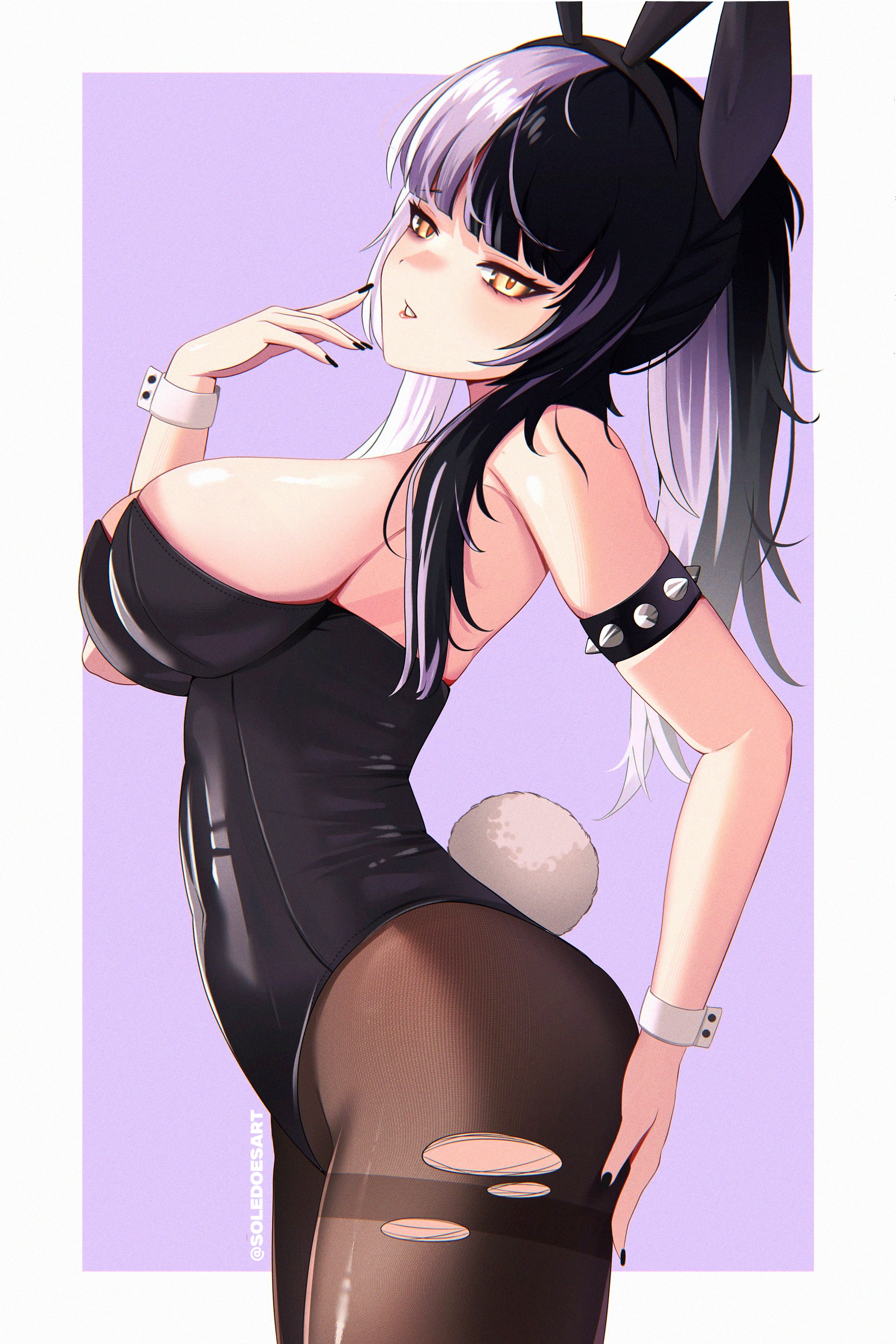 solevisionarts, shiori novella, hololive, hololive english, absurdres, commentary, english commentary, highres, revision, 1girl, animal ears, armlet, ass, bare shoulders, black hair, black leotard, black nails, blush, bow, bowtie, breasts, cleavage, detached collar, fake animal ears, fake tail, grabbing own ass, grey hair, hand on own ass, highleg, highleg leotard, jewelry, large breasts, leotard, long hair, looking at viewer, lying, multicolored hair, on side, pantyhose, playboy bunny, rabbit ears, rabbit tail, smile, solo, spiked armlet, spikes, split-color hair, strapless, strapless leotard, tail, thighs, torn clothes, torn pantyhose, traditional bowtie, two-tone hair, virtual youtuber, white wrist cuffs, wrist cuffs, yellow eyes