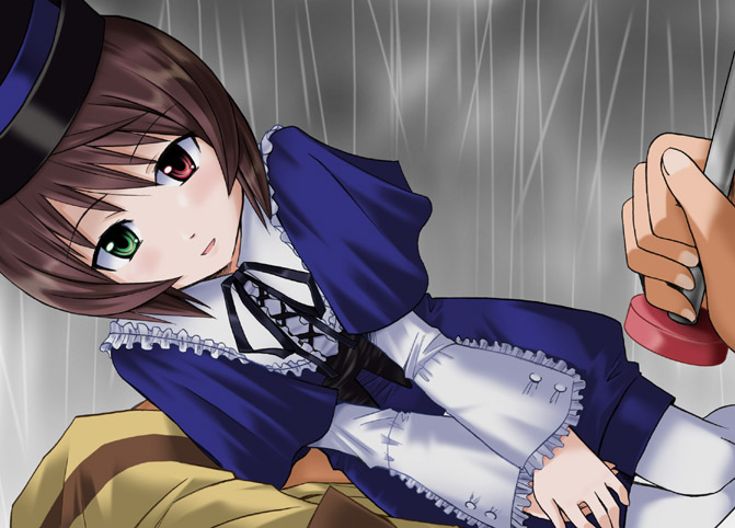 date (hoshikariza), souseiseki, rozen maiden, 00s, 1girl, brown hair, carrying, female focus, grey background, heterochromia, lolita fashion, pantyhose, rain, short hair, simple background, solo, solo focus