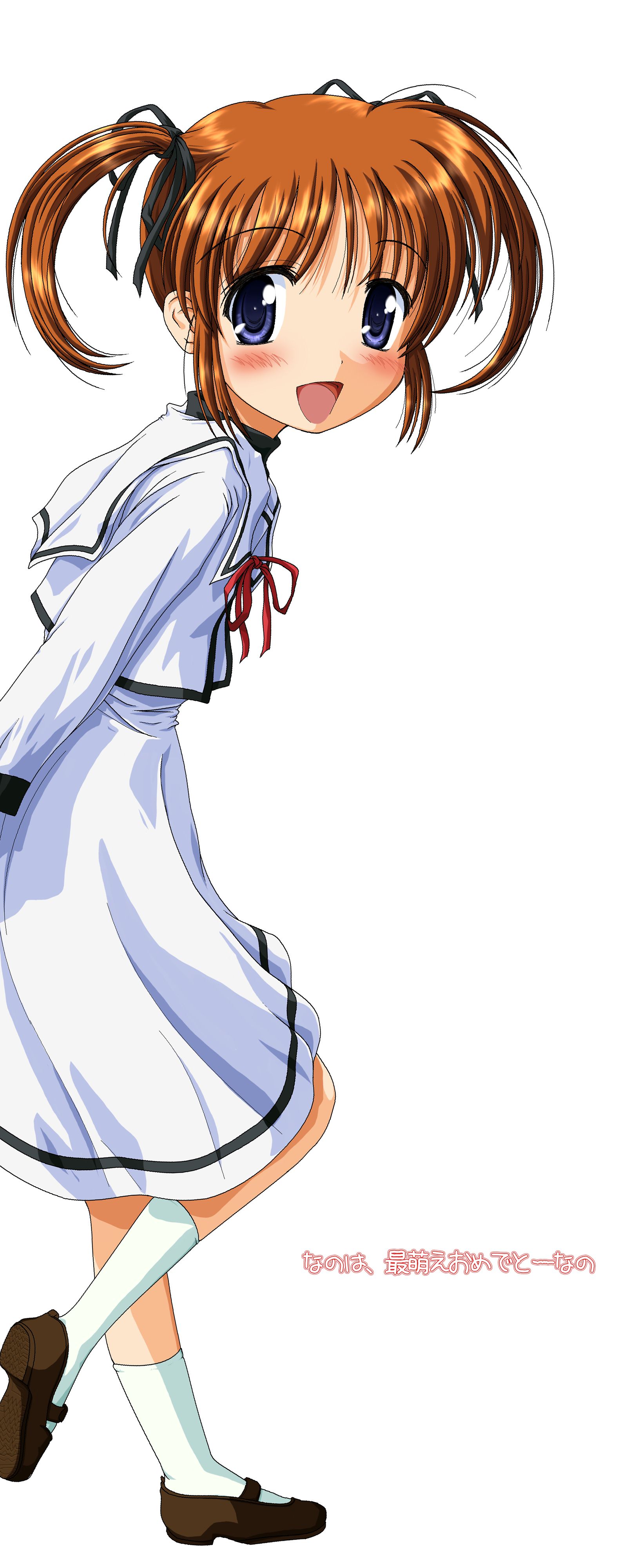 shiukichi, takamachi nanoha, lyrical nanoha, mahou shoujo lyrical nanoha, absurdres, highres, long image, tall image, 00s, 1girl, arms behind back, blue eyes, brown hair, female focus, from side, looking at viewer, purple eyes, red hair, school uniform, short hair, solo, standing, standing on one leg, twintails