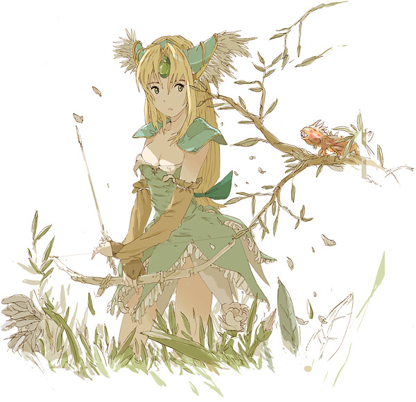 uki atsuya, riesz, seiken densetsu, seiken densetsu 3, 1girl, armor, arrow (projectile), blonde hair, bow, bow (weapon), branch, breasts, cleavage, female focus, holding, holding bow (weapon), holding weapon, leaf, long hair, low-tied long hair, pauldrons, shoulder armor, simple background, solo, standing, weapon, white background