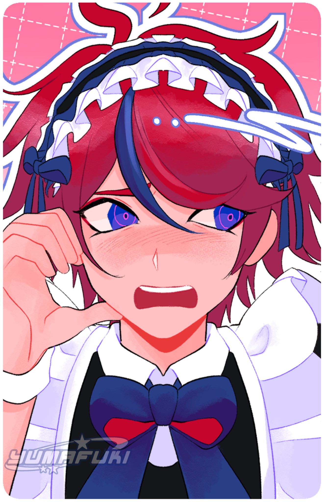 sumino takumi, the hundred line -last defense academy-, commentary, english commentary, highres, merchandise available, 1boy, ahoge, alternate costume, apron, artist name, black bow, black dress, black streaks, blue eyes, blush, border, bow, bowtie, crossdressing, crossdressing (mtf), dress, enmaided, frills, half-heart hands, looking to the side, maid, maid apron, maid headdress, male focus, male maid, multicolored hair, nose blush, open mouth, pink background, portrait, red hair, short hair, solo, streaked hair, white border, yumafuki