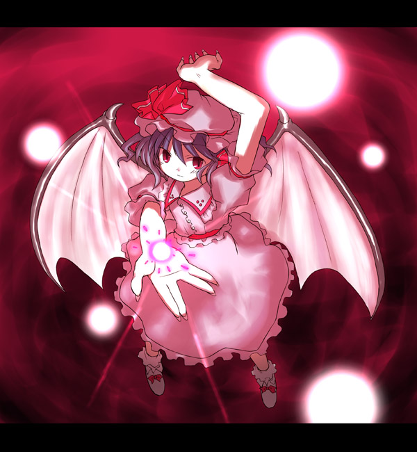 mizumoto tadashi, remilia scarlet, touhou, 1girl, bat wings, blue hair, danmaku, female focus, hat, letterboxed, pink hat, red eyes, short hair, solo, vampire, wings