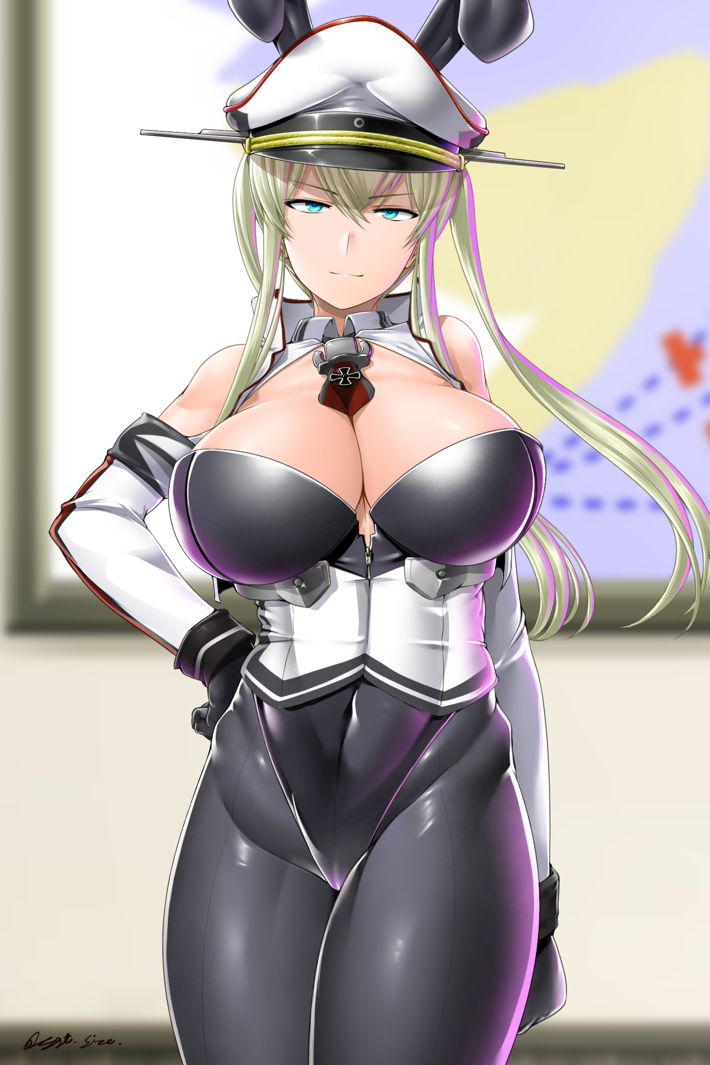 saizu nitou gunsou, graf zeppelin (kancolle), kantai collection, highres, animal ears, blonde hair, breasts, bunny day, elbow gloves, fake animal ears, gloves, hand on own hip, hat, indoors, large breasts, leotard, long hair, peaked cap, playboy bunny, rabbit ears, sidelocks, strapless, strapless leotard, twintails, white gloves