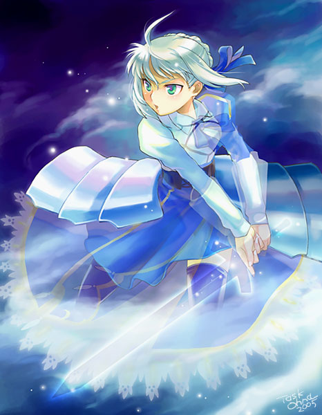 task owner, artoria pendragon (fate), saber (fate), fate/stay night, fate (series), 00s, 1girl, ahoge, armor, armored dress, blonde hair, dress, excalibur (fate/stay night), faulds, female focus, green eyes, puffy sleeves, solo, sword, weapon