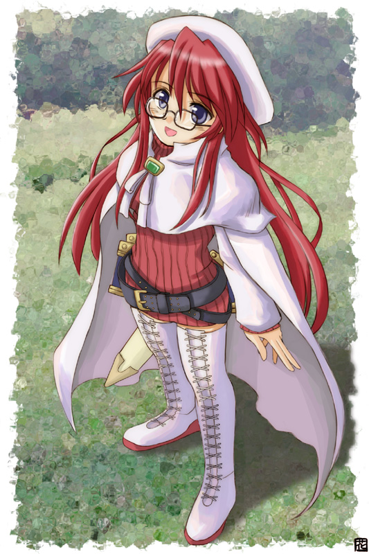 hana (hana mo arashi mo), aty, aty (summon night), summon night, summon night 3, 1girl, belt, belt skirt, boots, brooch, cloak, dress, female focus, from above, glasses, grey eyes, hat, jewelry, lace-up boots, long hair, looking up, red hair, ribbed dress, solo, thigh boots, thighhighs, white boots