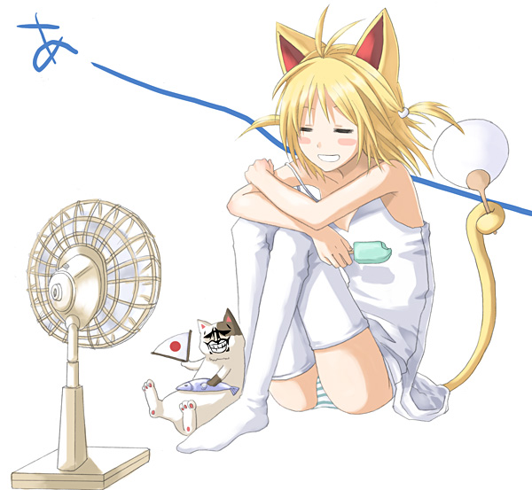 original, 1girl, animal ears, blush stickers, cat, cat ears, cat tail, closed eyes, electric fan, female focus, fish, food, grin, hand fan, holding, holding with tail, ice cream, japan, legs up, panties, pantyshot, paper fan, prehensile tail, short twintails, sitting, smile, solo, strap slip, striped clothes, striped panties, tail, talking into fan, thighhighs, twintails, uchiwa, underwear