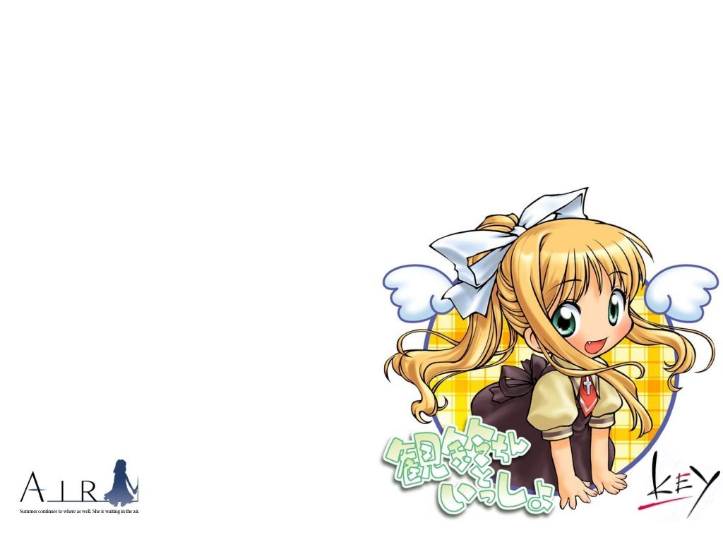 kamio misuzu, air (visual novel), 00s, 1girl, :d, blonde hair, blush, brown dress, chibi, chibi only, copyright name, cross, dress, fang, female focus, green eyes, hair ribbon, long hair, looking at viewer, necktie, open mouth, ponytail, puffy short sleeves, puffy sleeves, red necktie, ribbon, short sleeves, simple background, smile, solo, white background, white ribbon, wings