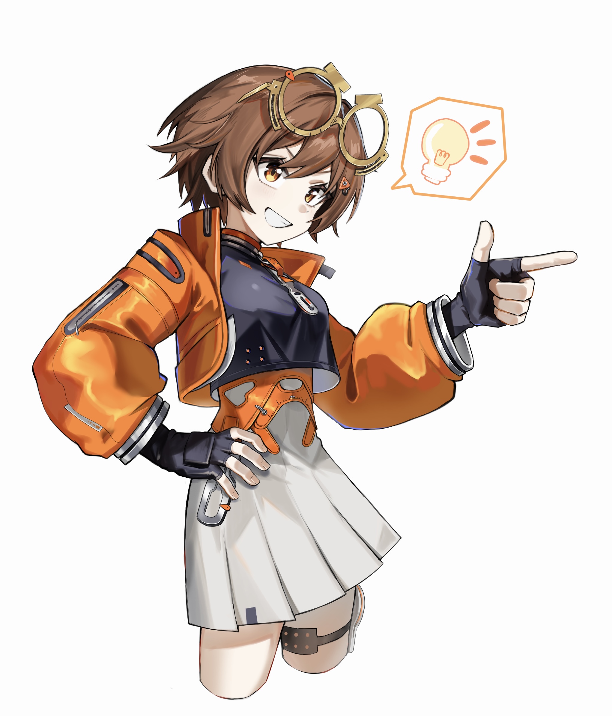 mi (27782900), qianqiu (xinyue tongxing), xinyue tongxing, highres, 1girl, black gloves, black shirt, brown hair, cowboy shot, cropped legs, eyewear on head, finger gun, fingerless gloves, glasses, gloves, grin, hand on own hip, holster, jacket, light bulb, long sleeves, miniskirt, open clothes, open jacket, orange eyes, orange jacket, pleated skirt, pointing, puffy long sleeves, puffy sleeves, round eyewear, shirt, short hair, skirt, smile, solo, speech bubble, spoken light bulb, teeth, thigh holster, white background, white skirt