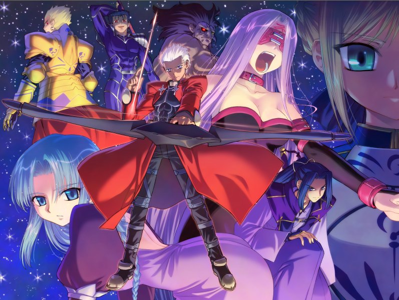 archer (fate), artoria pendragon (fate), cu chulainn (fate), cu chulainn (fate/stay night), gilgamesh (fate), heracles (fate), medea (caster) (fate), medea (fate), medusa (fate), medusa (rider) (fate), saber (fate), sasaki kojirou (fate), fate/hollow ataraxia, fate/stay night, fate (series), 00s, 3girls, 5boys, armor, arrow (projectile), assassin, belt, blindfold, blonde hair, blue eyes, blue hair, boots, bow, bow (weapon), breasts, coat, collar, dark-skinned male, dark skin, dress, everyone, facial mark, forehead mark, green eyes, hair bow, kneeling, large breasts, looking at viewer, looking back, multiple boys, multiple girls, on one knee, overcoat, ponytail, purple hair, serious, shouting, space, star (sky), starry sky background, strapless, strapless dress, weapon, white hair