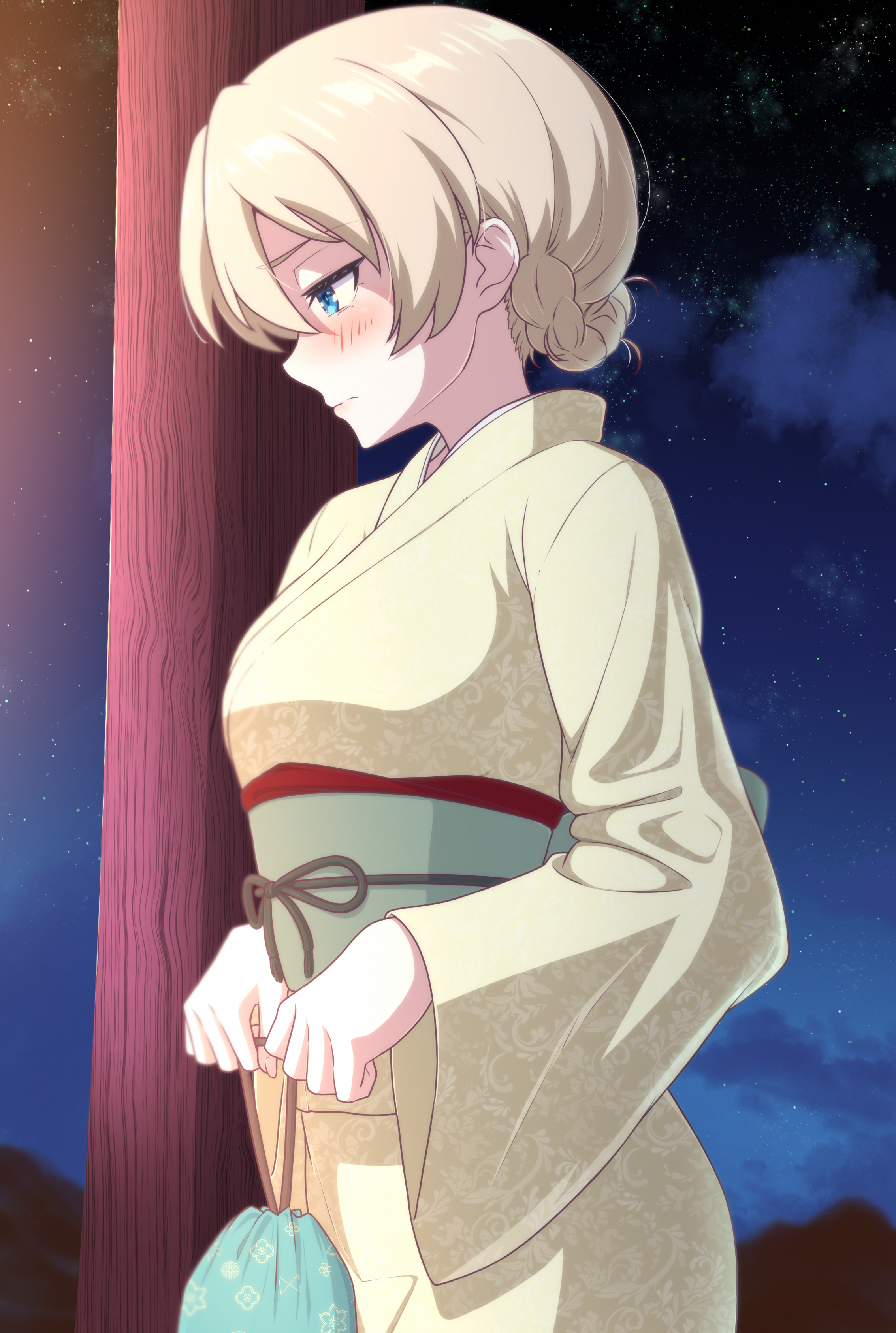 ada badguy, darjeeling (girls und panzer), girls und panzer, absurdres, commentary, highres, 1girl, alternate costume, bag, blonde hair, blue eyes, blush, braid, breasts, bun with braided base, cloud, holding, holding kinchaku, japanese clothes, kimono, medium breasts, night, night sky, obi, obiage, obijime, outdoors, profile, sash, sky, solo, standing, star (sky), wide sleeves, yukata