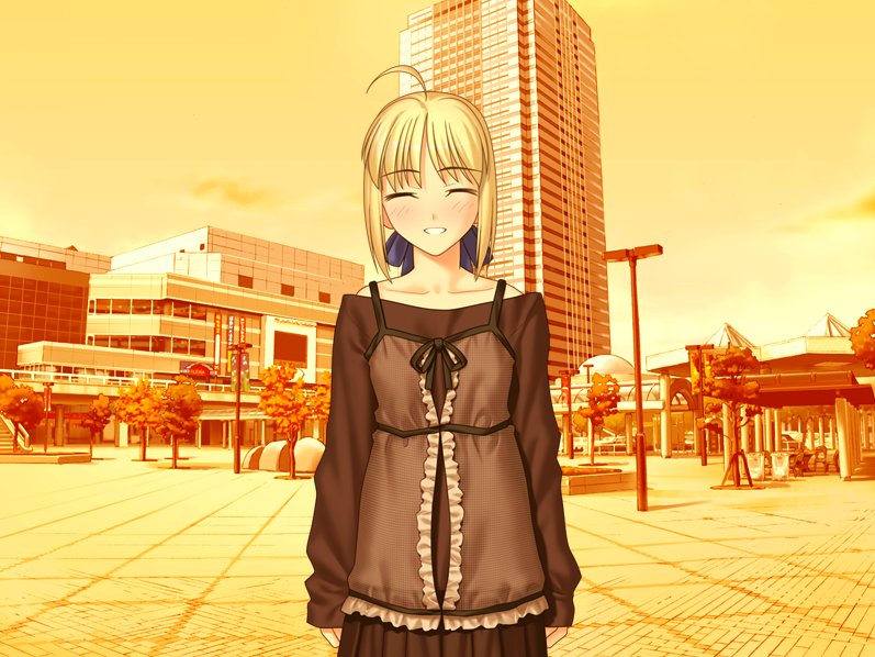 takeuchi takashi, artoria pendragon (fate), saber (fate), fate/hollow ataraxia, fate/stay night, fate (series), game cg, 00s, 1girl, ahoge, blonde hair, bow, building, closed eyes, dress, female focus, grin, hair bow, lamppost, layered clothes, official alternate costume, outdoors, skyscraper, smile, solo, sunset, tree