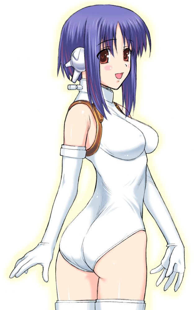 ilfa (to heart), to heart (series), to heart 2, 00s, 1girl, :d, android, ass, bare shoulders, blue hair, blush, bodysuit, breasts, covered erect nipples, cowboy shot, elbow gloves, female focus, from side, gloves, halterneck, happy, impossible clothes, impossible leotard, leotard, looking at viewer, looking back, medium breasts, open mouth, outline, red eyes, robot, robot ears, short hair, short hair with long locks, sidelocks, simple background, smile, solo, thighhighs, turtleneck, twisted torso, white background, white gloves, white thighhighs
