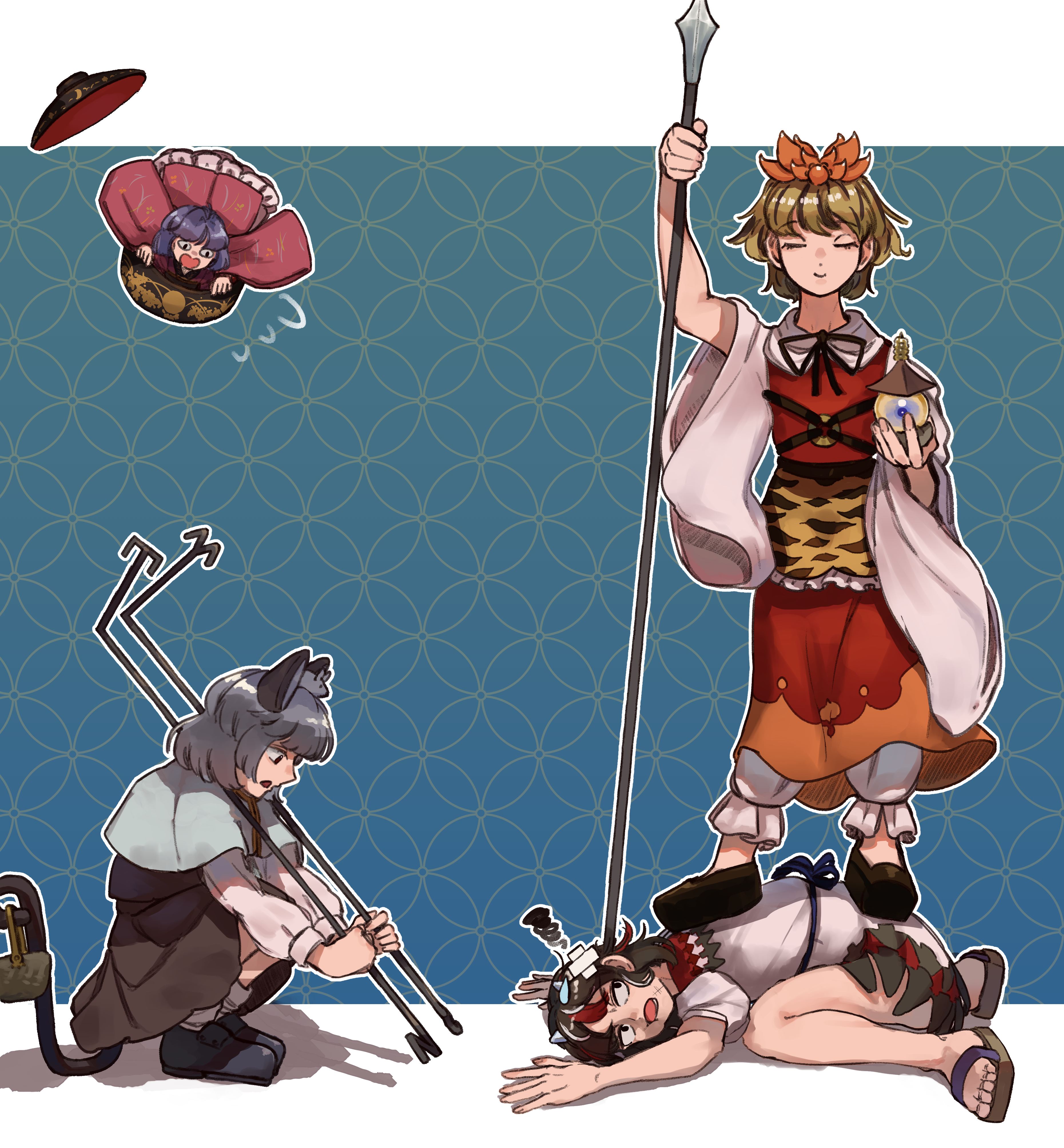 nanaironokabi, kijin seija, nazrin, sukuna shinmyoumaru, toramaru shou, touhou, absurdres, commentary request, highres, 4girls, animal ears, animal print, arrow print, bandaid, bandaid on head, basket, bishamonten's pagoda, bishamonten's spear, black hair, black ribbon, black shoes, black streaks, blonde hair, blue background, brown sandals, capelet, closed eyes, crossed bandaids, dowsing rod, dress, flying, flying sweatdrops, grey capelet, grey dress, grey hair, hat, headdress, holding, holding with tail, in bowl, in container, japanese clothes, kimono, long sleeves, looking at another, medium hair, mini person, minigirl, mouse ears, mouse girl, mouse tail, multiple girls, neck, o-ring, on ground, open mouth, orange hat, pants, prehensile tail, profile, purple hair, red kimono, red skirt, red streaks, red vest, ribbon, sandals, saucer, shadow, shirt, shoes, short hair, short sleeves, skirt, small horns, smile, socks, squatting, squiggle, standing on person, surprised, sweatdrop, tail, tiger print, vest, white dress, white pants, white shirt, white socks, white streaks