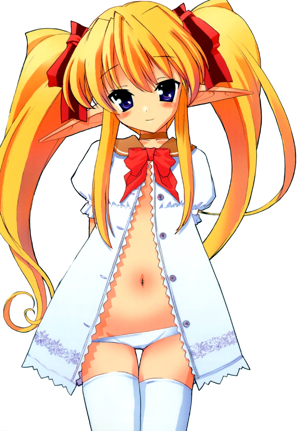 himukai kyousuke, colette brause, pastel chime, pastel chime -koi no skill up-, highres, 1girl, arms behind back, blonde hair, blue eyes, blush, bow, bowtie, buttons, choker, dress, elf, female focus, flat chest, floral print, groin, hair between eyes, hair ribbon, loli, long hair, long pointy ears, looking at viewer, lowleg, lowleg panties, midriff, navel, no bra, open clothes, open dress, panties, pointy ears, ribbon, school uniform, serafuku, short dress, sidelocks, simple background, skirt, smile, solo, standing, thigh gap, thighhighs, thighs, twintails, unbuttoned, underwear, very long hair, white background, white dress, white panties, white skirt, white thighhighs