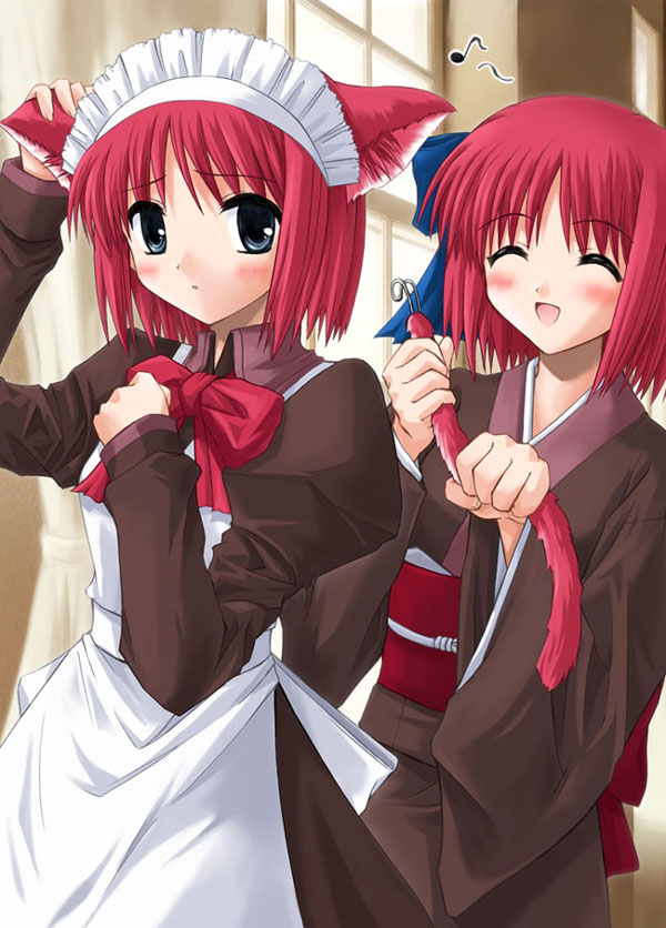 hisui (tsukihime), kohaku (tsukihime), tsukihime, 2girls, animal ears, cat ears, cat tail, cosplay, multiple girls, siblings, sisters, tail, twins