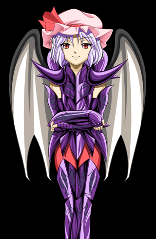 aries shion, remilia scarlet, saint seiya, touhou, lowres, 1girl, aries shion (cosplay), armor, bat wings, boots, cosplay, crossover, female focus, hat, parody, pink hat, solo, thighhighs, wings
