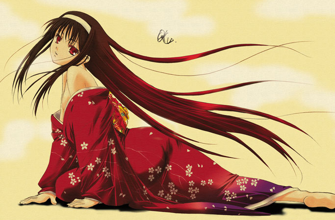 q-gaku, tohno akiha, toono akiha, vermillion akiha, tsukihime, type-moon, third-party edit, 00s, 1girl, arm support, back, bare shoulders, barefoot, black hair, breasts, feet, female focus, gradient hair, hairband, head tilt, japanese clothes, kimono, long hair, lying, multicolored hair, no bra, no nipples, off shoulder, red eyes, red hair, soles, solo, very long hair