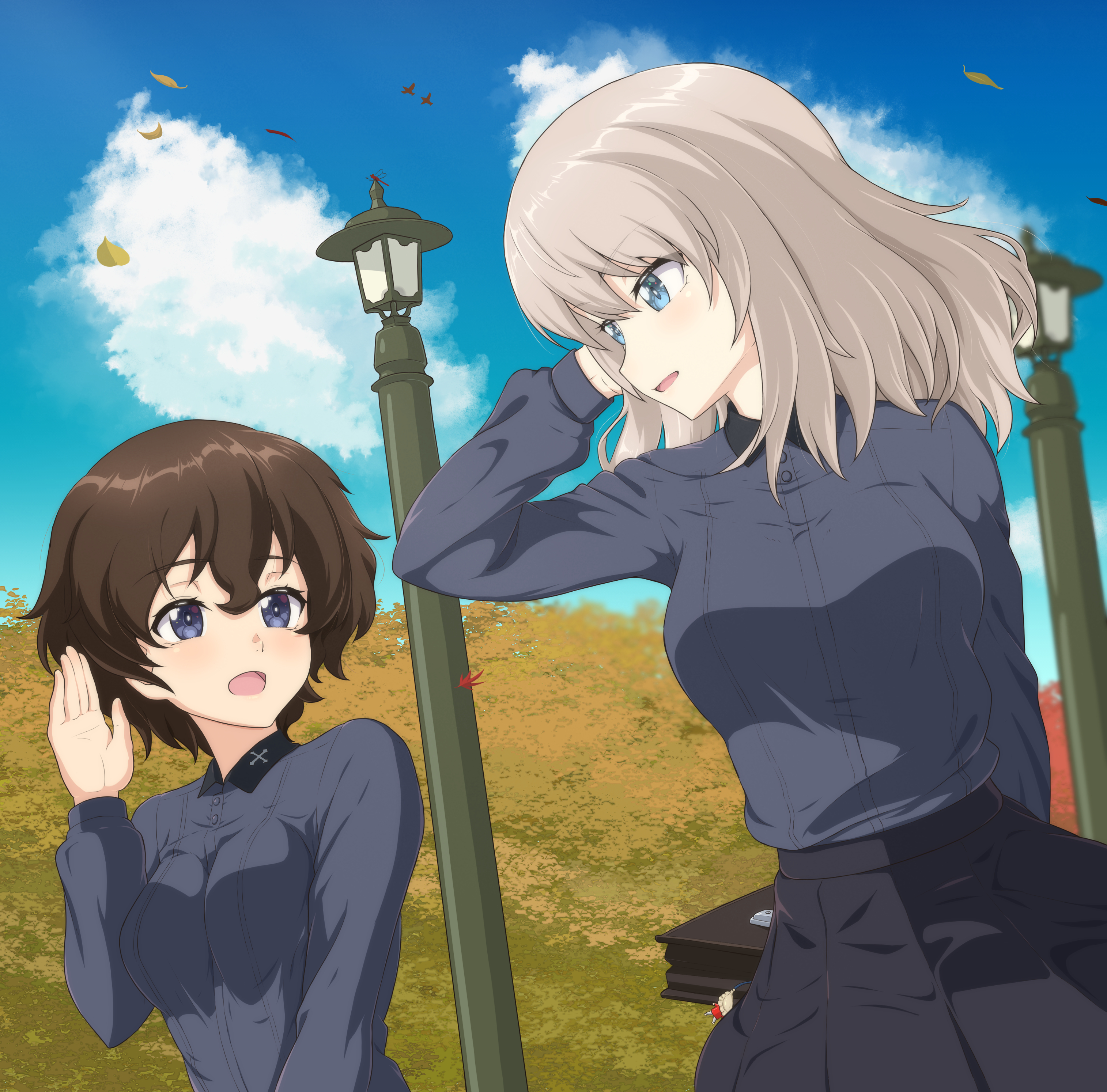 ada badguy, akaboshi koume, itsumi erika, girls und panzer, absurdres, highres, 2girls, autumn leaves, blue eyes, brown hair, dress shirt, grey hair, grey shirt, insignia, kuromorimine school uniform, lamppost, leaf, long sleeves, looking at another, medium hair, multiple girls, outdoors, school uniform, shirt, short hair, wavy hair
