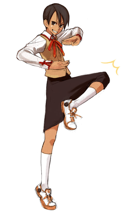 yu 65026, makidera kaede, fate/hollow ataraxia, fate/stay night, fate (series), 00s, 1girl, black hair, brown eyes, dark-skinned female, dark skin, female focus, fighting stance, full body, grin, homurabara academy school uniform, kneehighs, makidera, school uniform, shoes, short hair, simple background, sketch, skirt, smile, sneakers, socks, solo, standing, standing on one leg, tiptoes, white socks