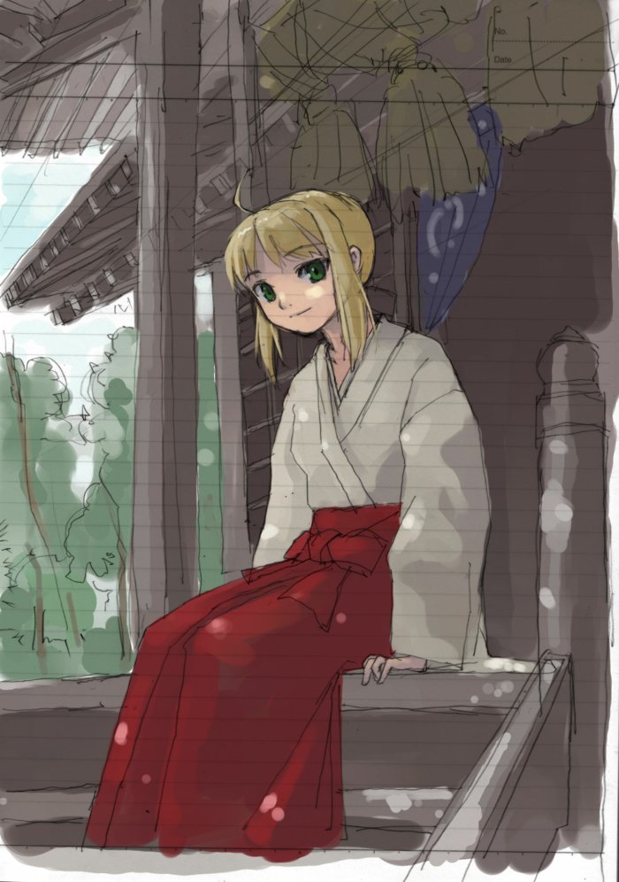 pinzu, artoria pendragon (fate), saber (fate), fate/stay night, fate (series), 00s, 1girl, alternate costume, blonde hair, female focus, hakama, hakama skirt, japanese clothes, miko, red hakama, sketch, skirt, solo