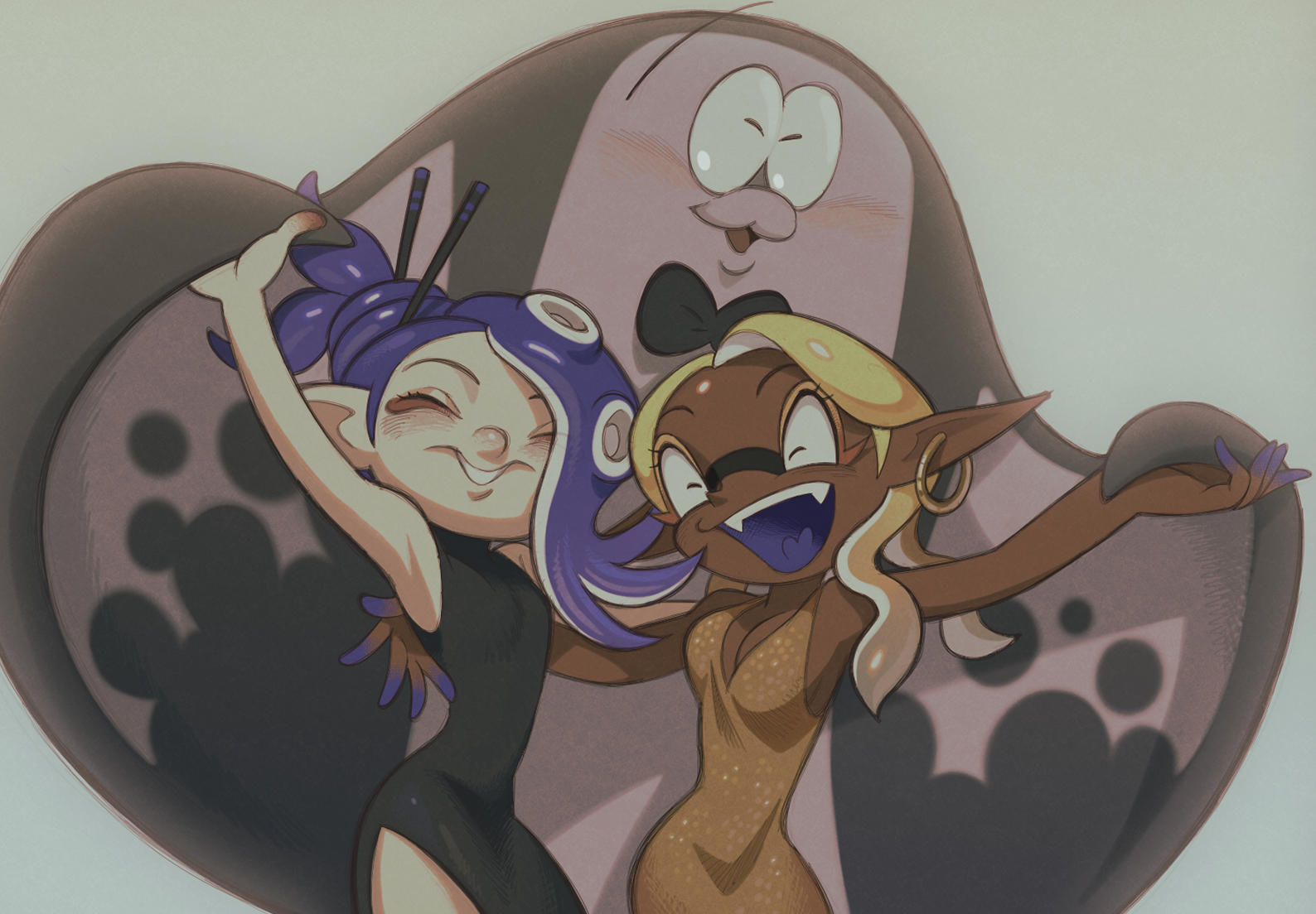 roachgore, big man (splatoon), frye (splatoon), shiver (splatoon), nintendo, splatoon (series), splatoon 3, 1960s (style), 2girls, blonde hair, blush, breasts, colored tongue, dark-skinned female, dark skin, deformed, earrings, eyelashes, fangs, inkling, jewelry, manta ray, multicolored hair, multiple girls, octoling, oldschool, open mouth, pointy ears, purple tongue, retro artstyle, round nose, smile, tentacle hair, yellow eyeliner