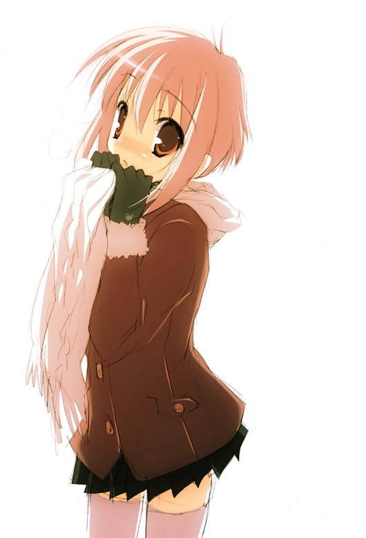 jo (overture), original, 1girl, blush, coat, expressionless, female focus, fur coat, gloves, green gloves, head tilt, looking at viewer, pink hair, pleated skirt, red eyes, scarf, short hair, simple background, skirt, solo, standing, thighhighs, white background, white scarf, zettai ryouiki
